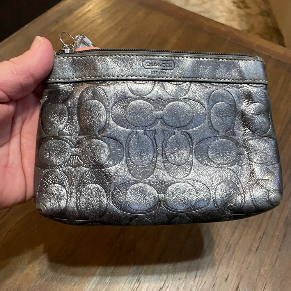 Coach Signature Print Silver Metallic Wristlet